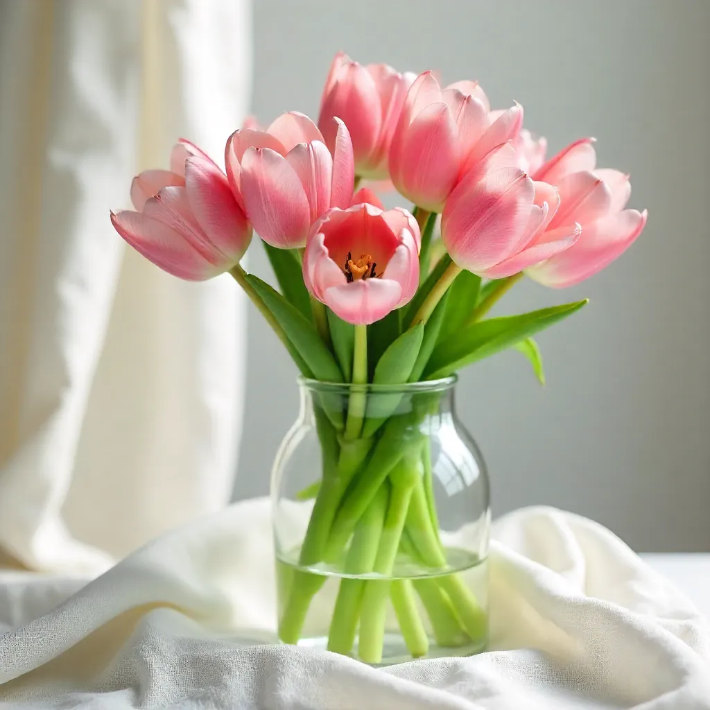 Blush Pink Tulips in Glass Vase on White Linen