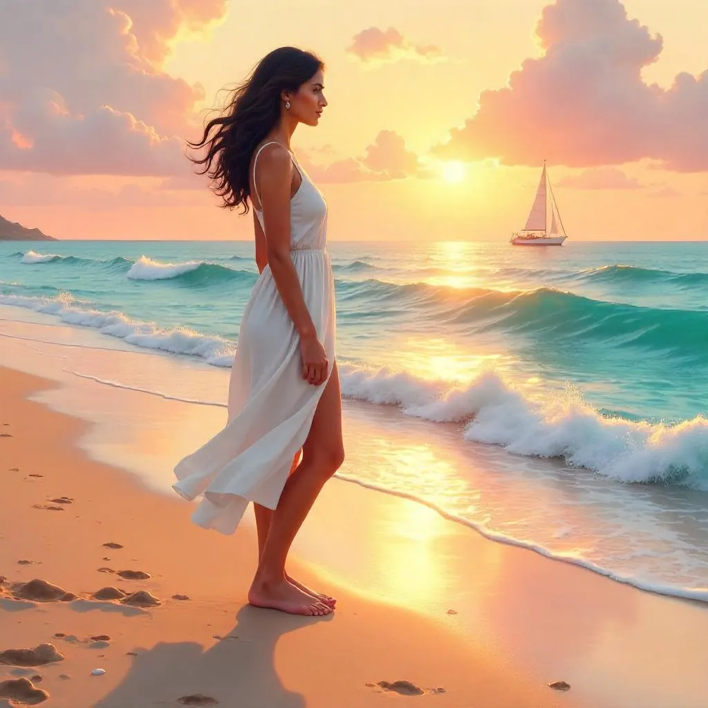 Shoreline Dream: A Young Middle Eastern Woman on the Beach
