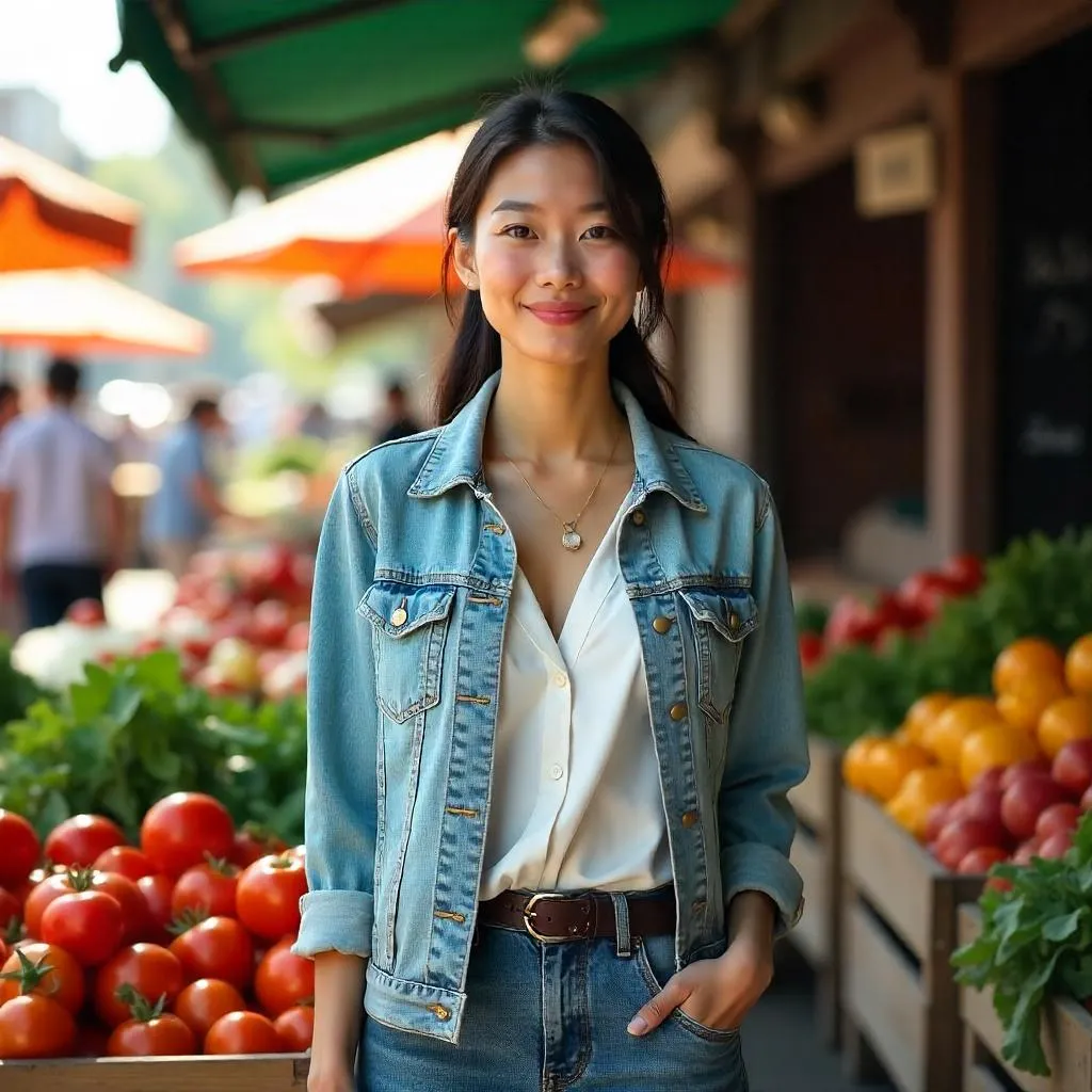 Confident Asian Woman at a Lively Farmers Market