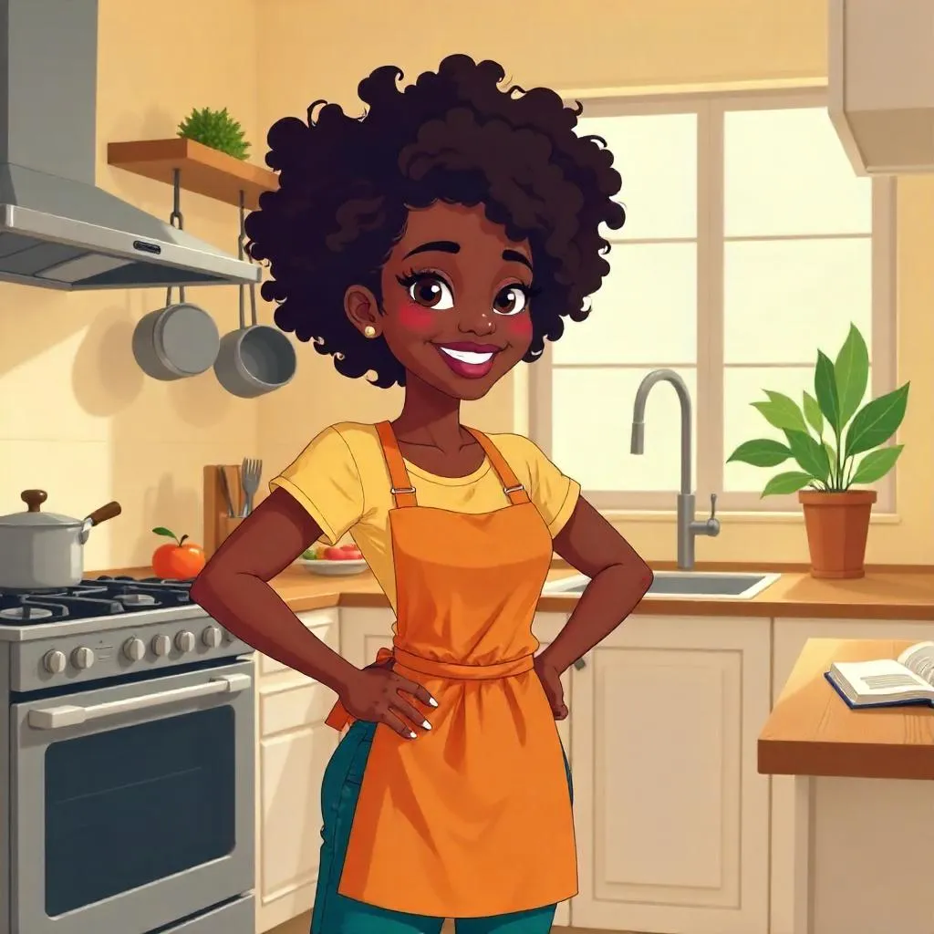 Confident Black Woman in a Cartoon Kitchen