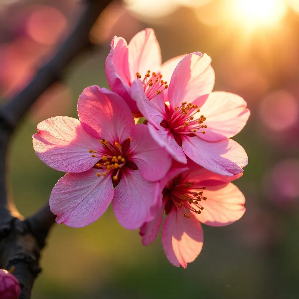 Close-Up Pink Peach Blossoms in Napa Spring