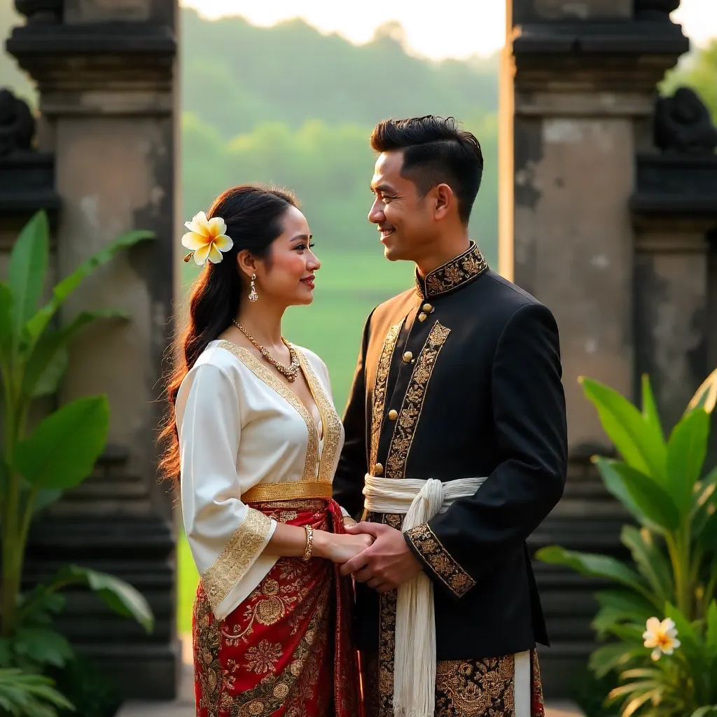 Balinese Couple in Ceremonial Attire Amid Lush Landscape