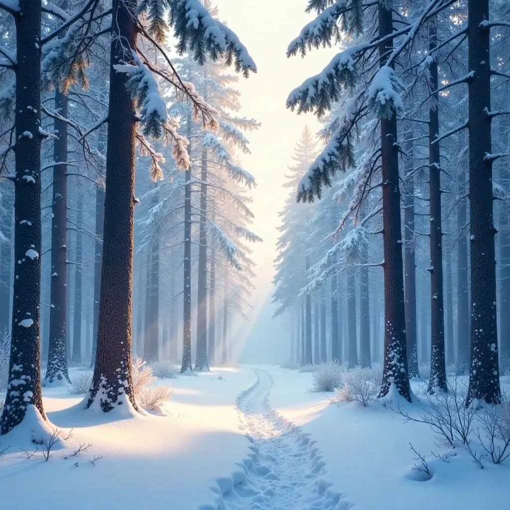 Serene Snow-Covered Forest in Winter Mist
