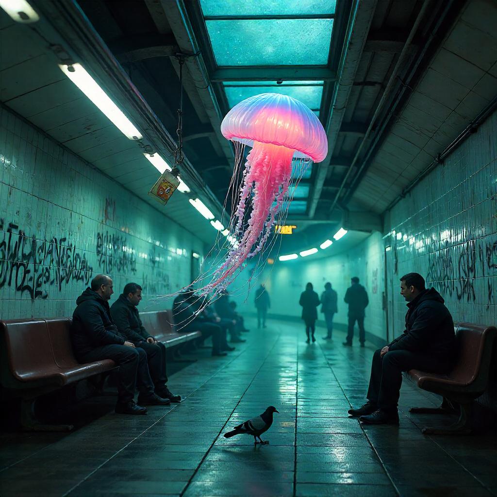 Photoreal Jellyfish in a Quiet Subway Station