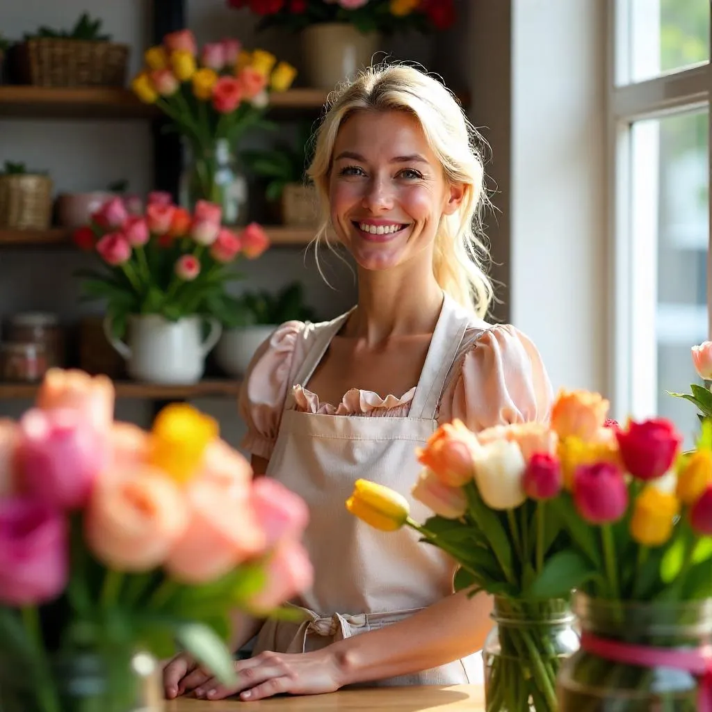 Cheerful White Woman in a Flower Shop