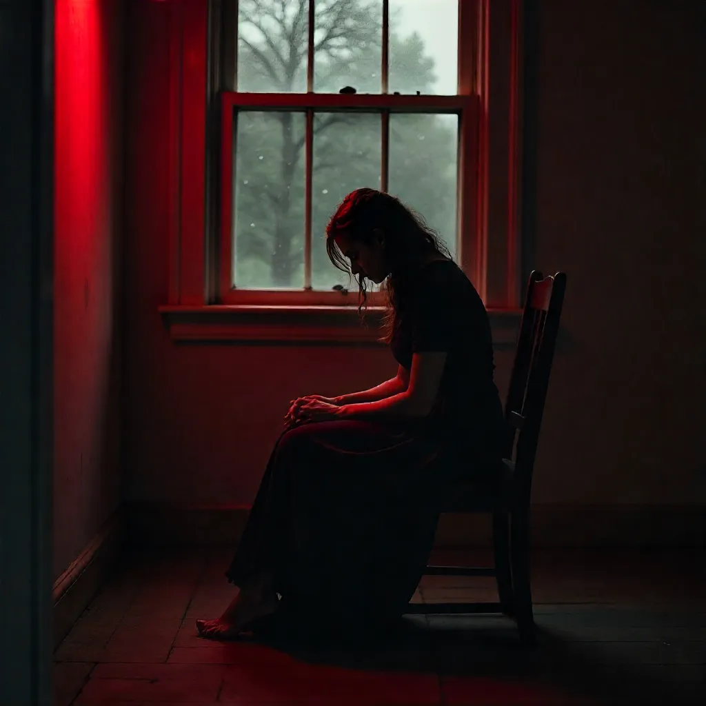 Crimson Solitude: A Somber Portrait in Red Light