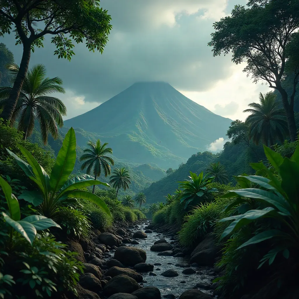 Lush Foreground Volcano Under a Cloudy Sky