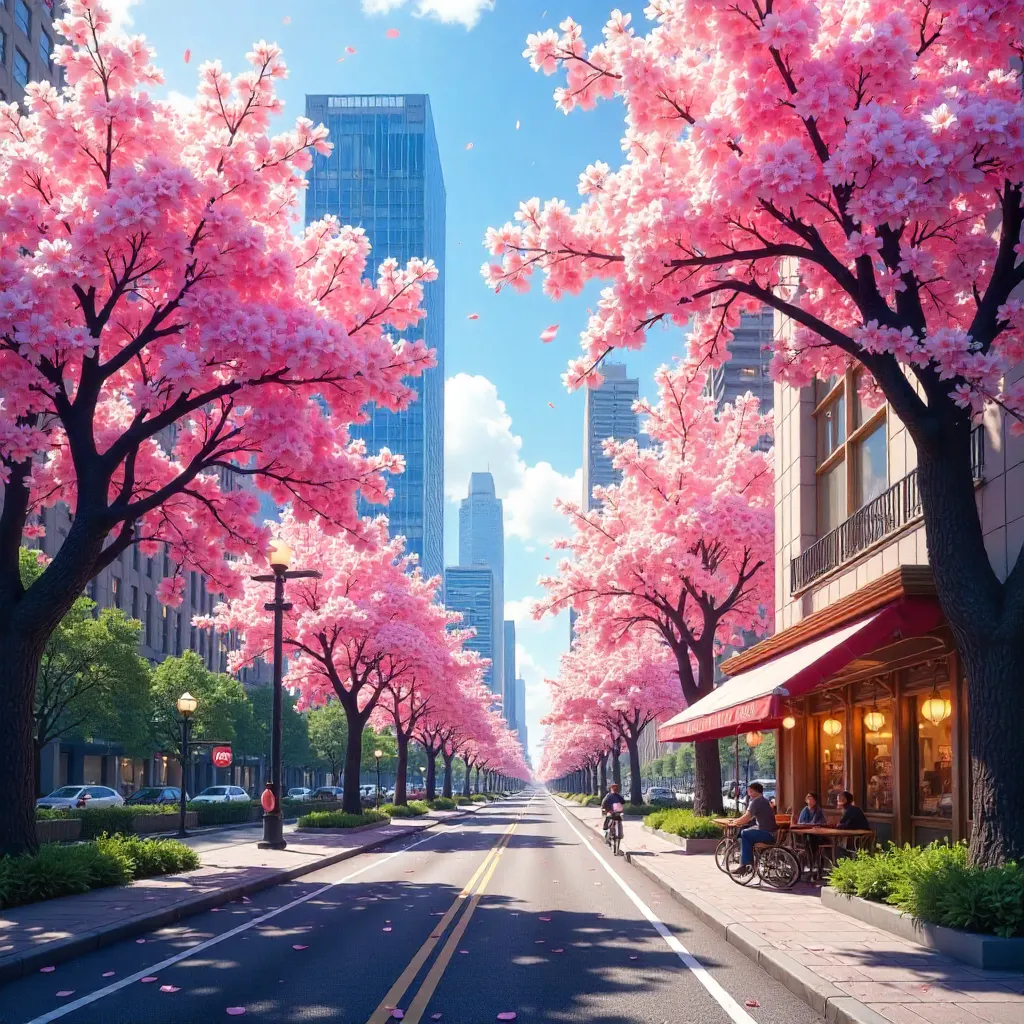 Urban Cherry Blossoms Under Clear Spring Skies