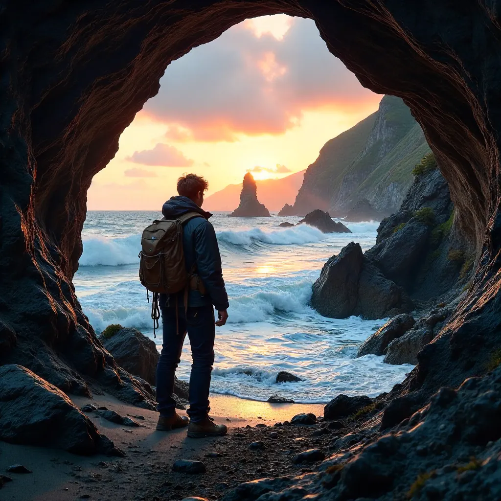 Lone Adventurer Framed by Coastal Cave