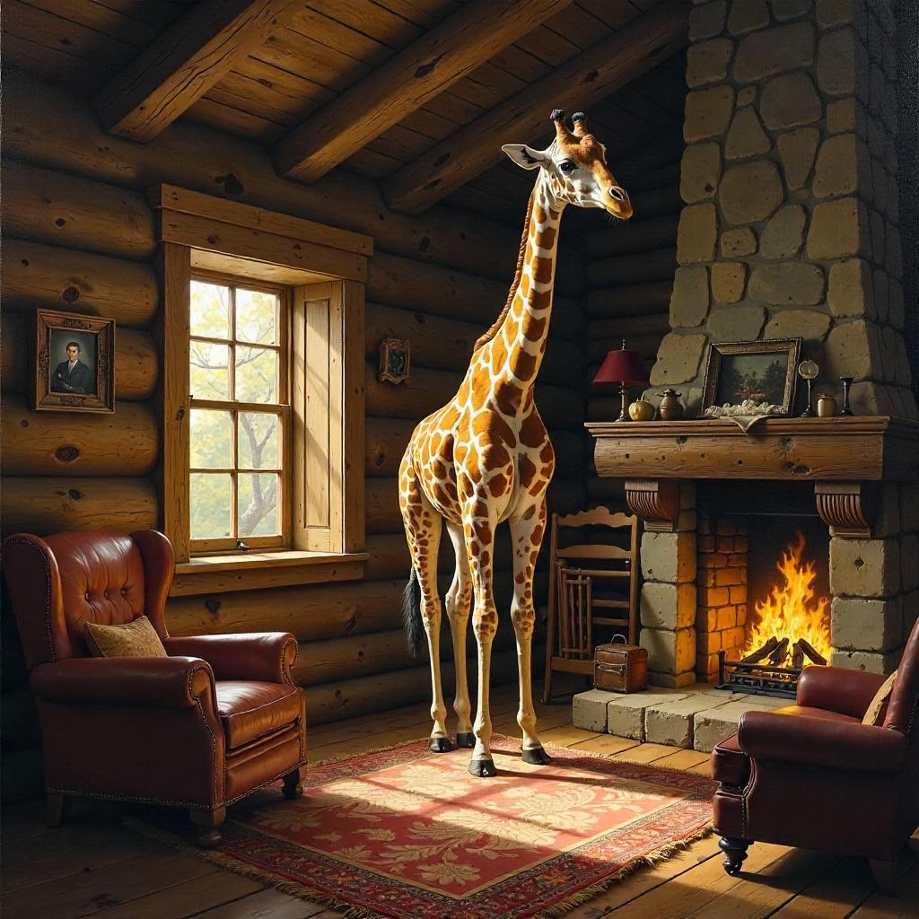Giraffe in a Log Cabin: An Oil Painting