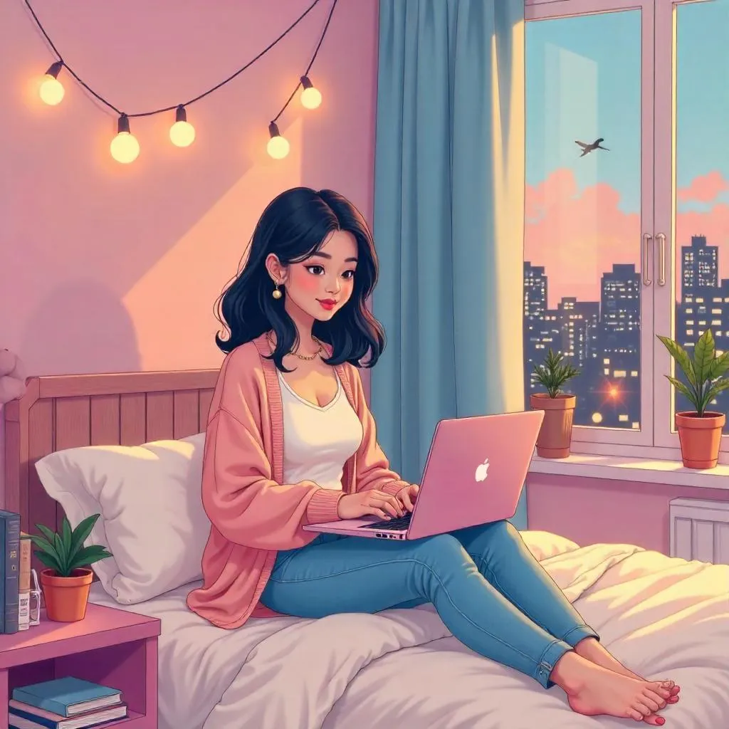 Stylish Asian Woman in a Cozy Cartoon Bedroom