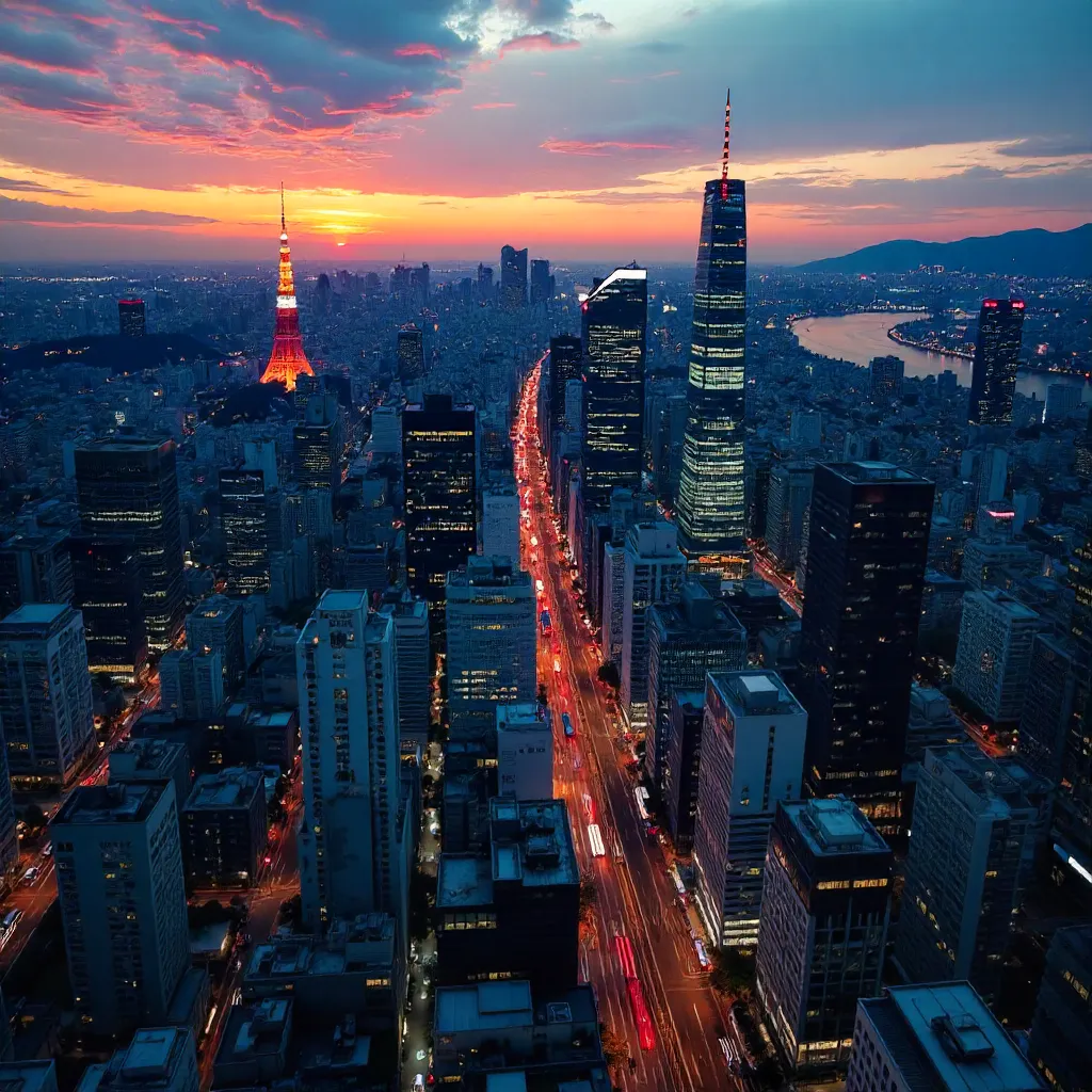 Aerial Twilight over Tokyo Skyline with Neon Streets