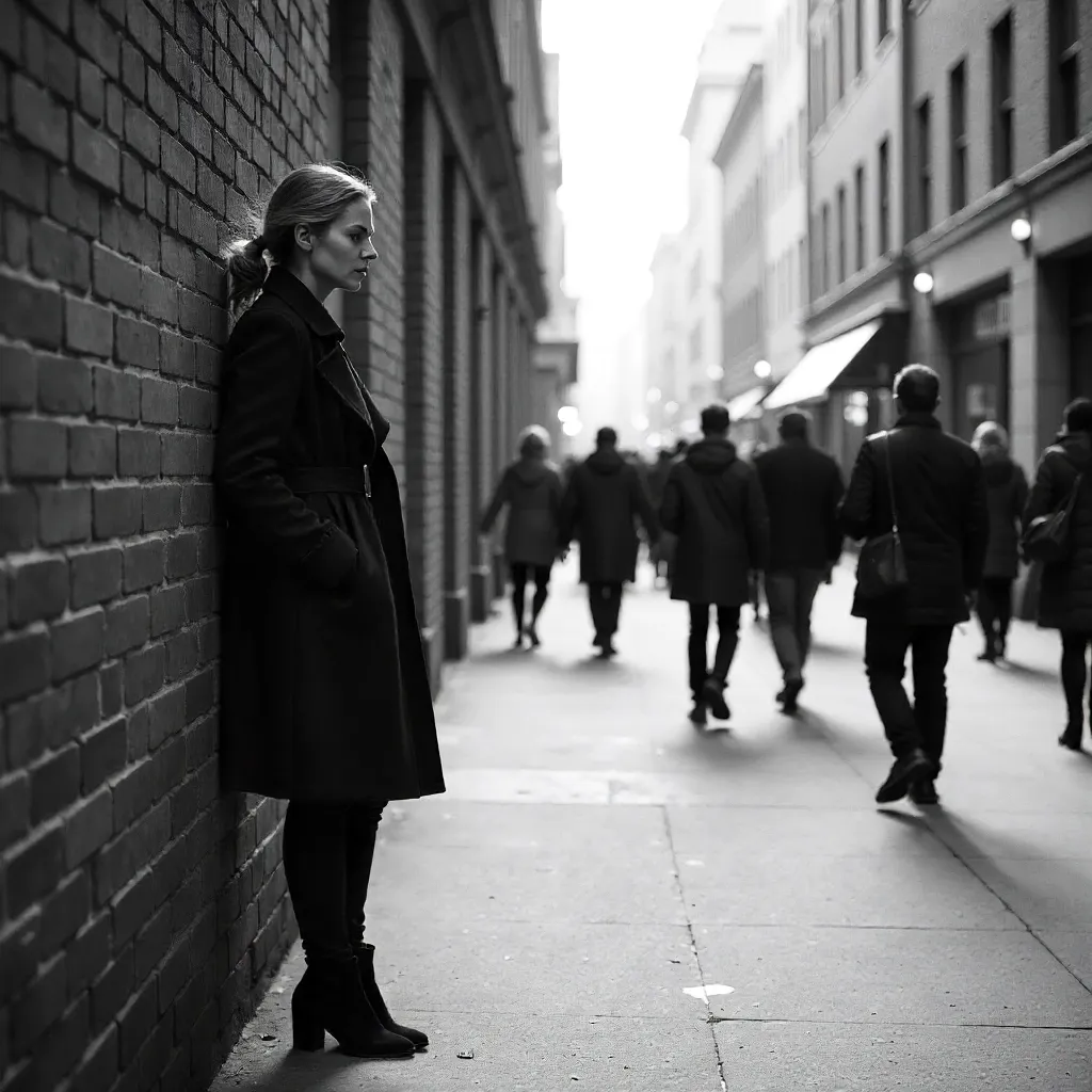 Monochrome Street Silhouette: Woman by Wall