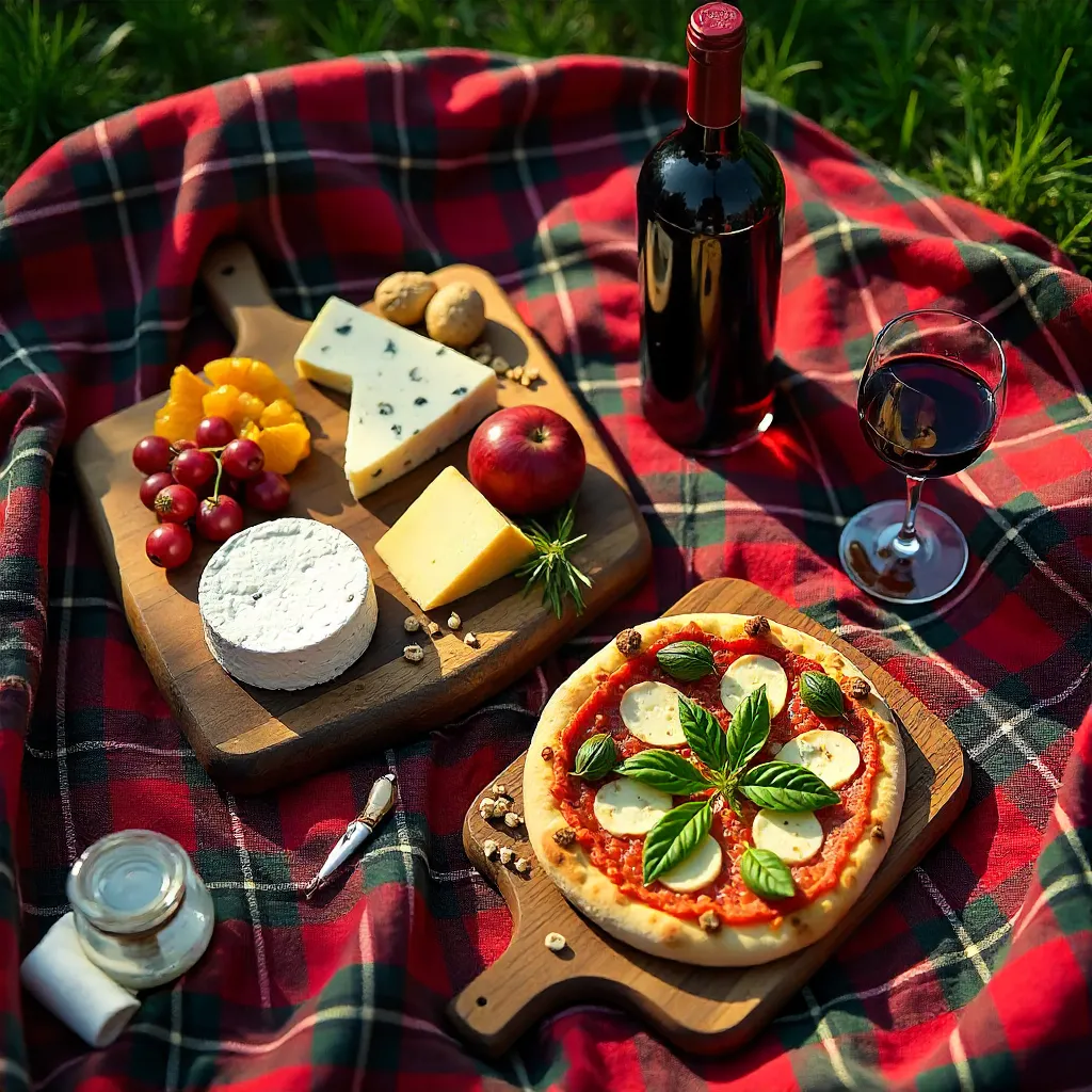 Gourmet Picnic Flat Lay: Wine, Pizza, and Cheese on Plaid