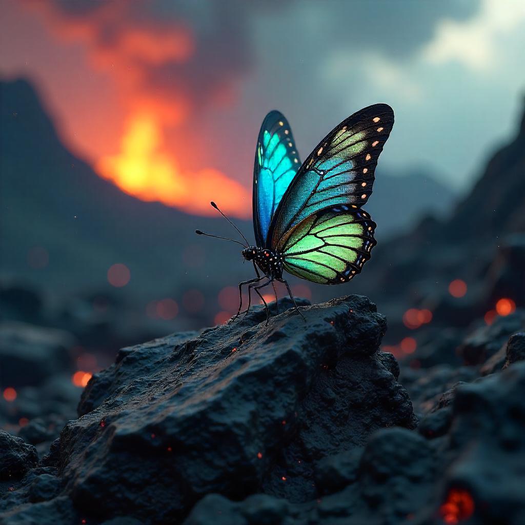 3D Rendered Butterfly In Volcanic Landscape