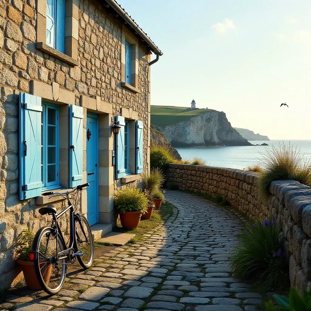 Blue Shuttered House and Bicycle on Ushant Island