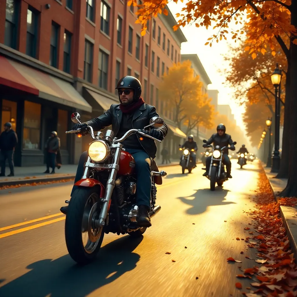 Golden Hour Motorcyclists in an Autumn City Street
