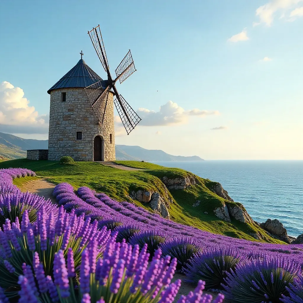 Stone Windmill Over Lavender Hill by the Sea