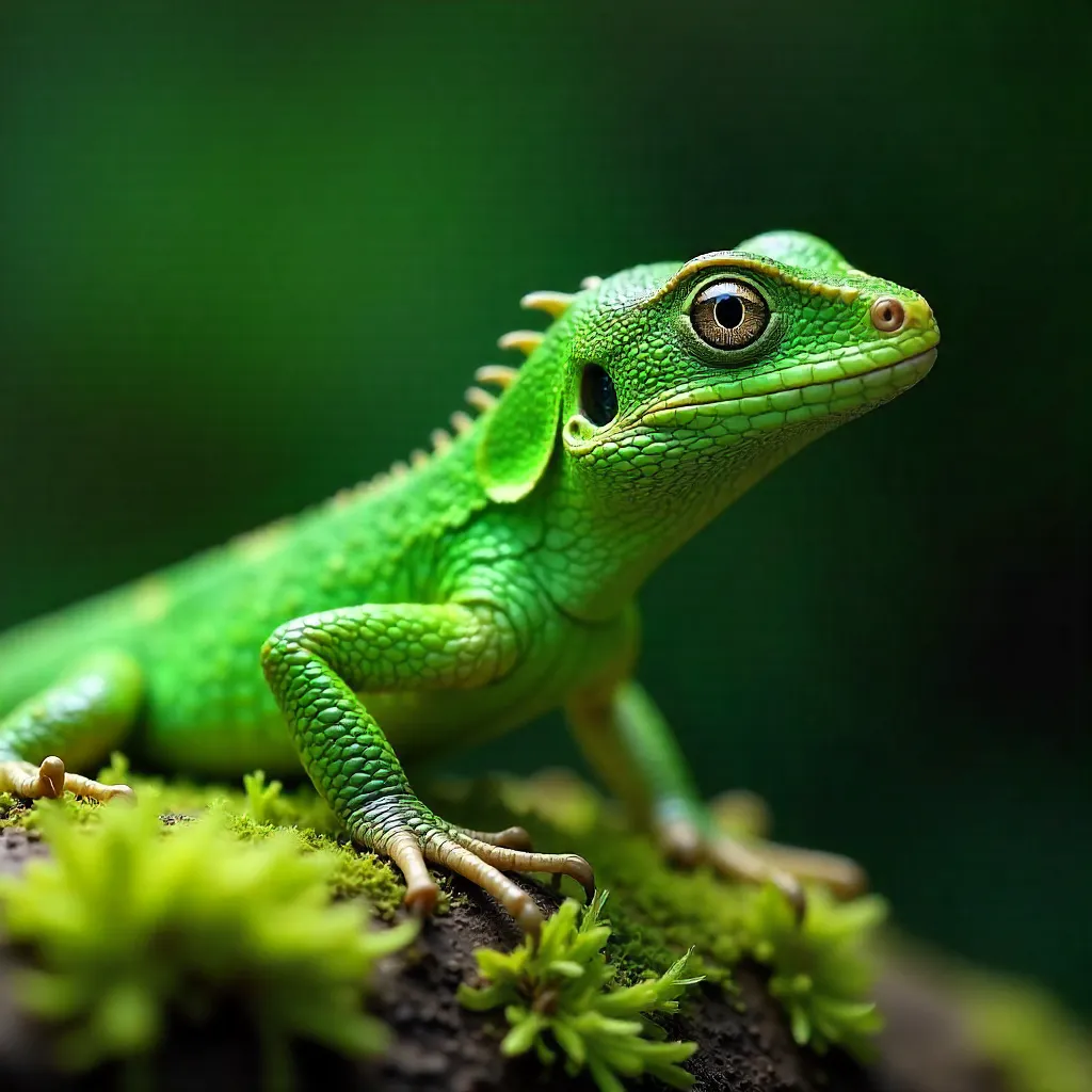 Macro Portrait of a Green Basilisk on Moss