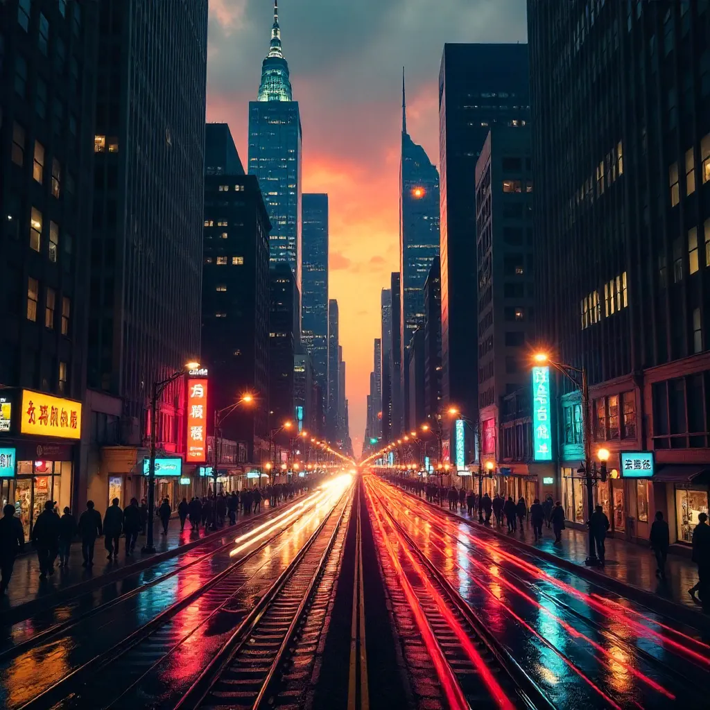 Dusk Cityscape with Blurred Trains Between Skyscrapers