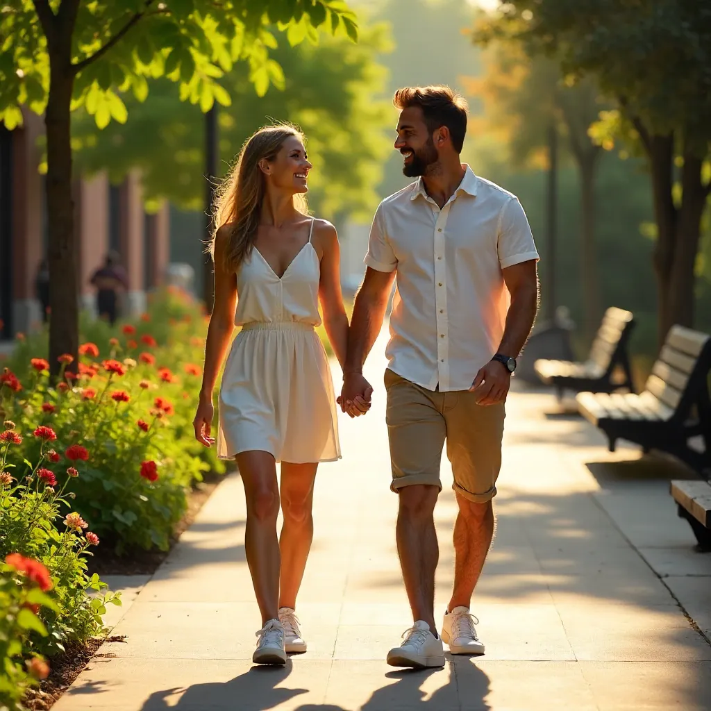 Sunny Walkway Romance: Casual Couple in Light Wear