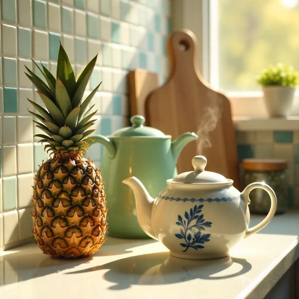 Warm Kitchen Still Life: Pineapple and Teapots on Tile