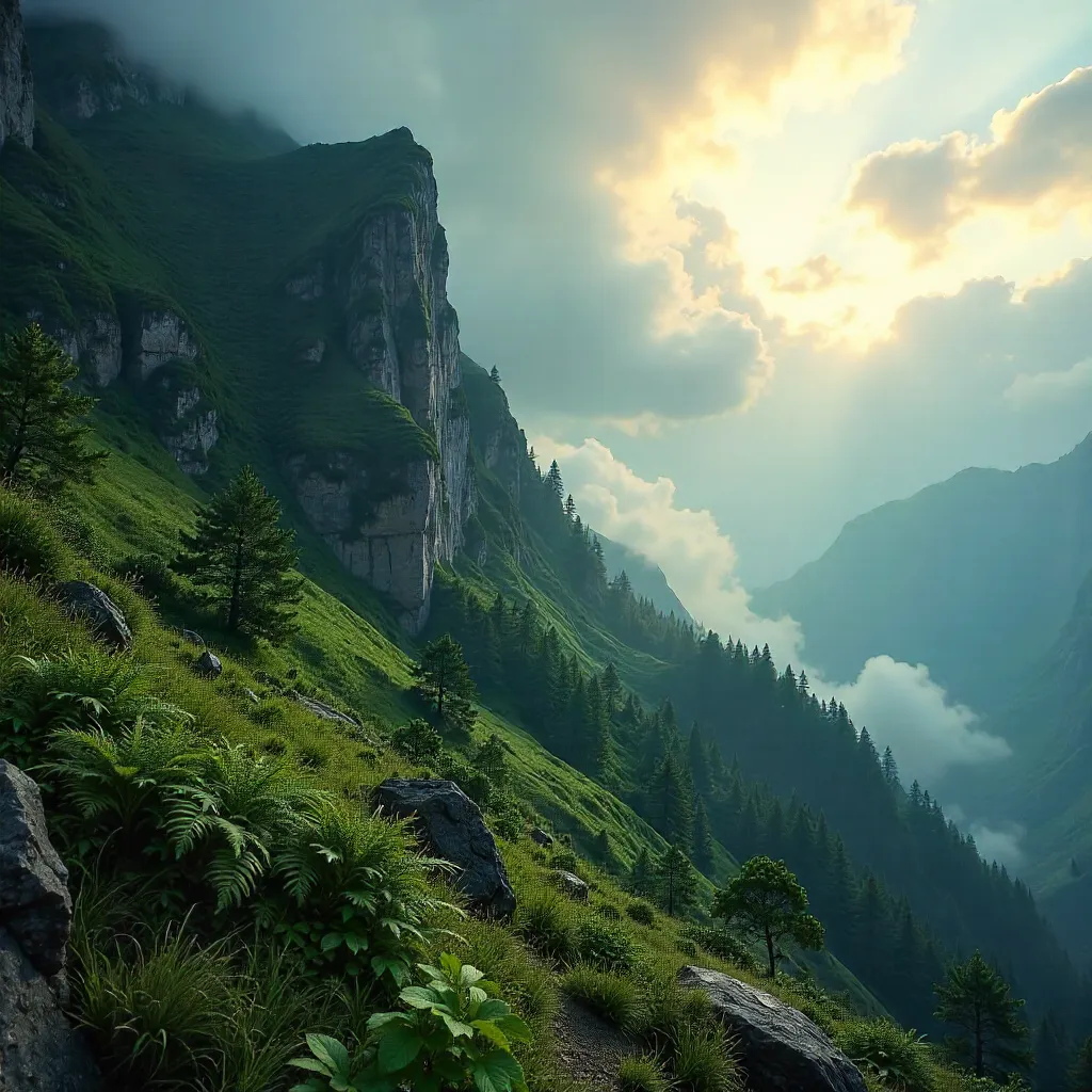 Mist-Wreathed Slope: Greenery Under Encroaching Clouds
