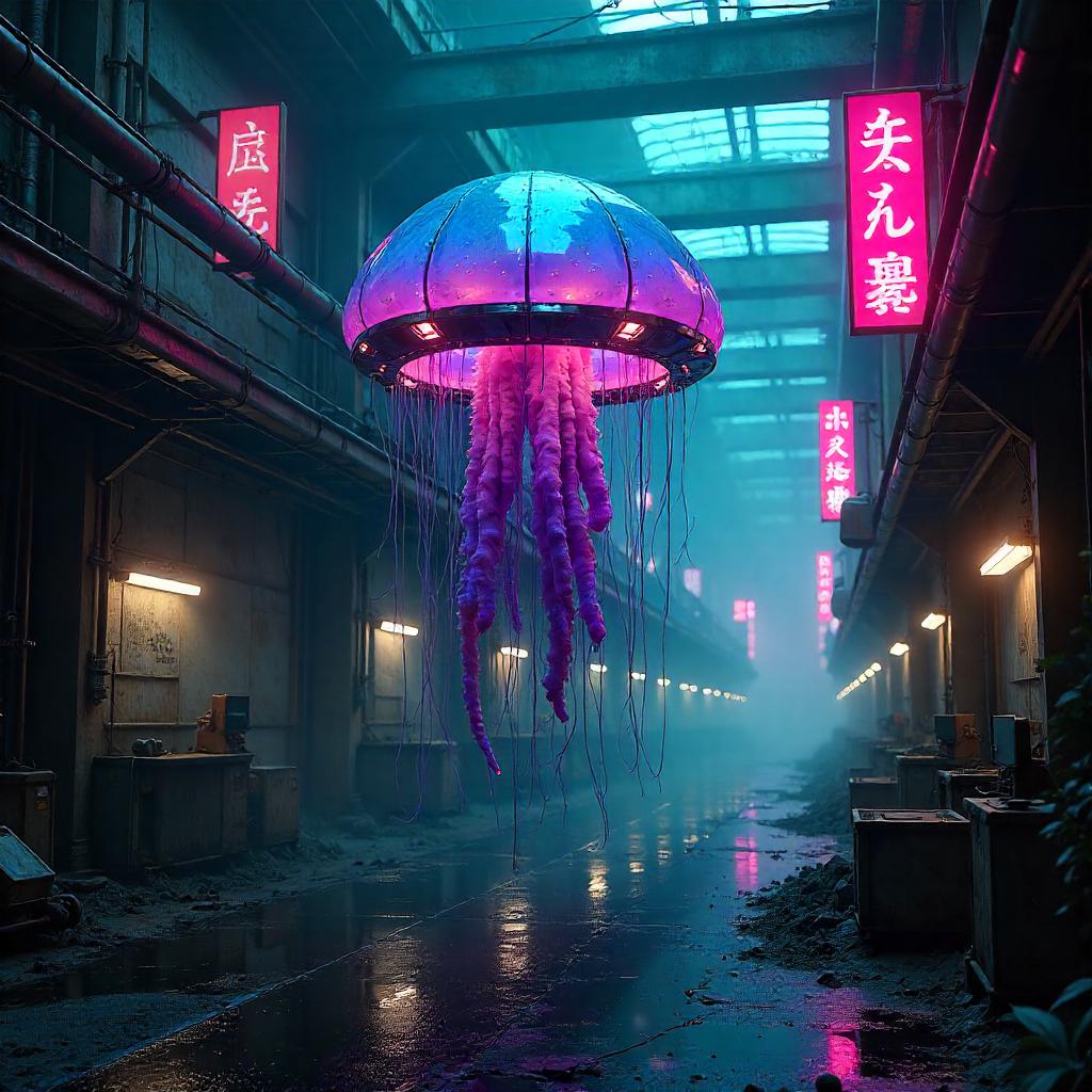 Jellyfish in a Neon Cyberpunk Factory