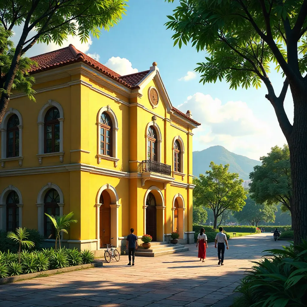 Yellow Colonial University Hall in Hanoi Amid Greenery