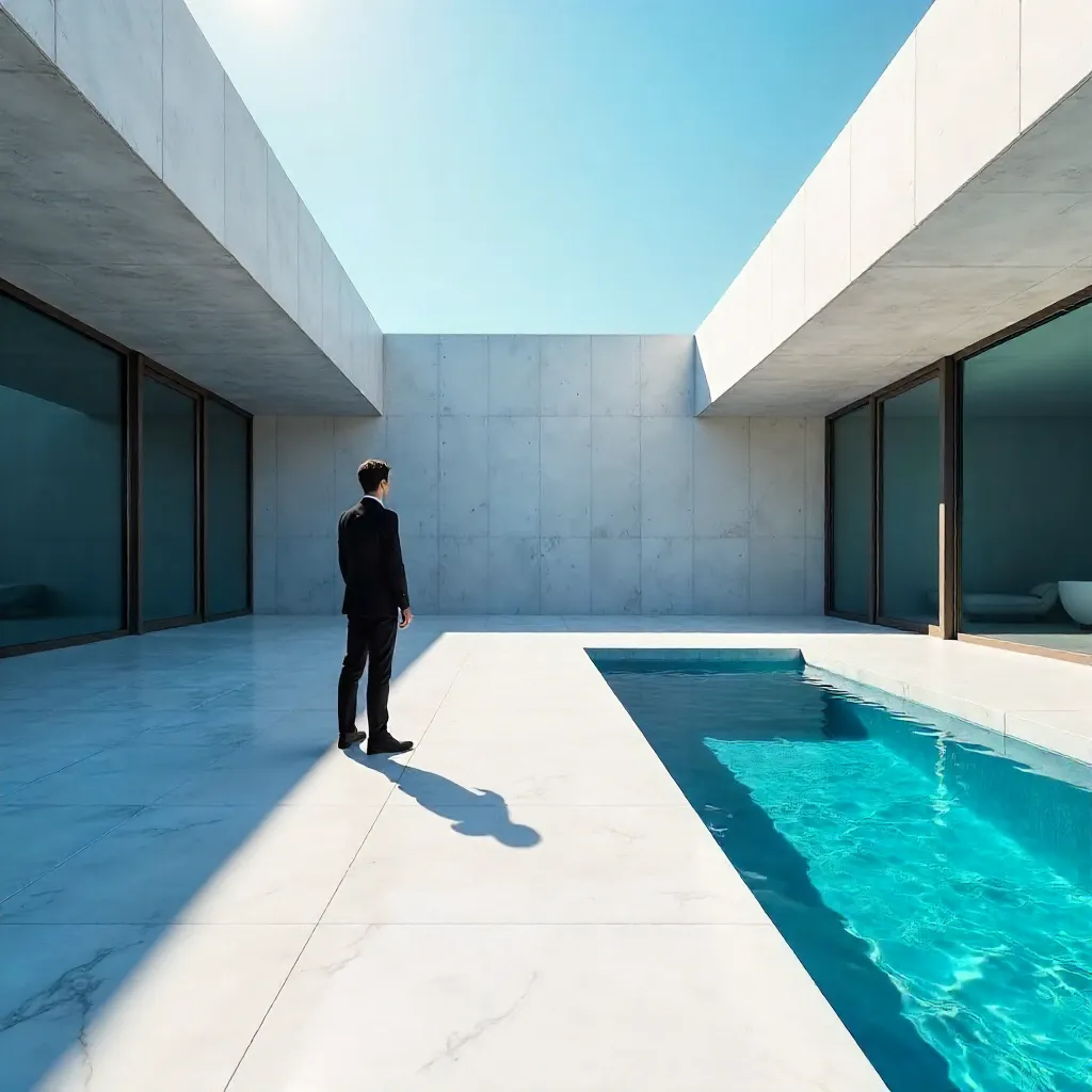 Lone Figure and Shadow at a Bright Blue Poolside