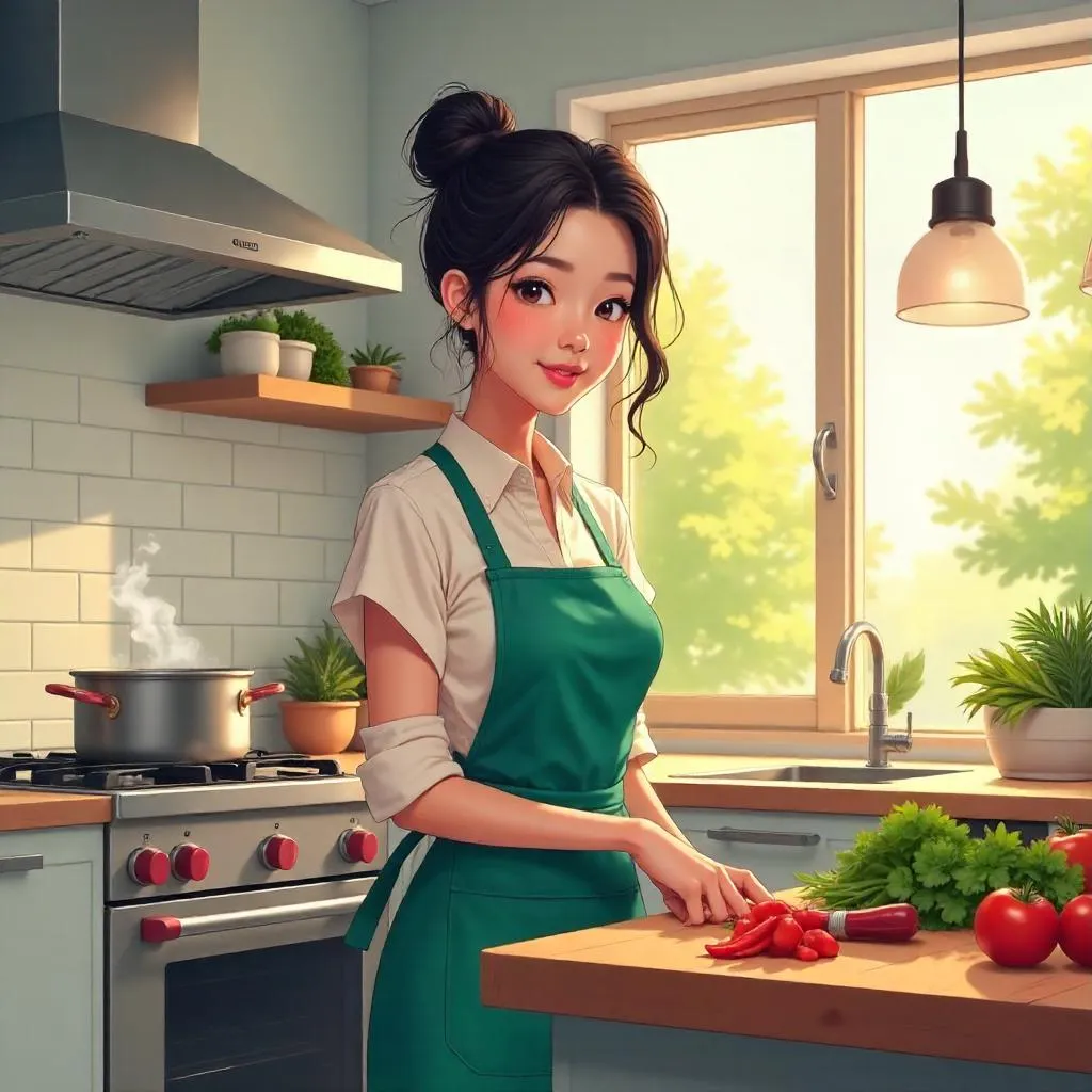 Stylish Asian Woman in a Modern Anime Kitchen