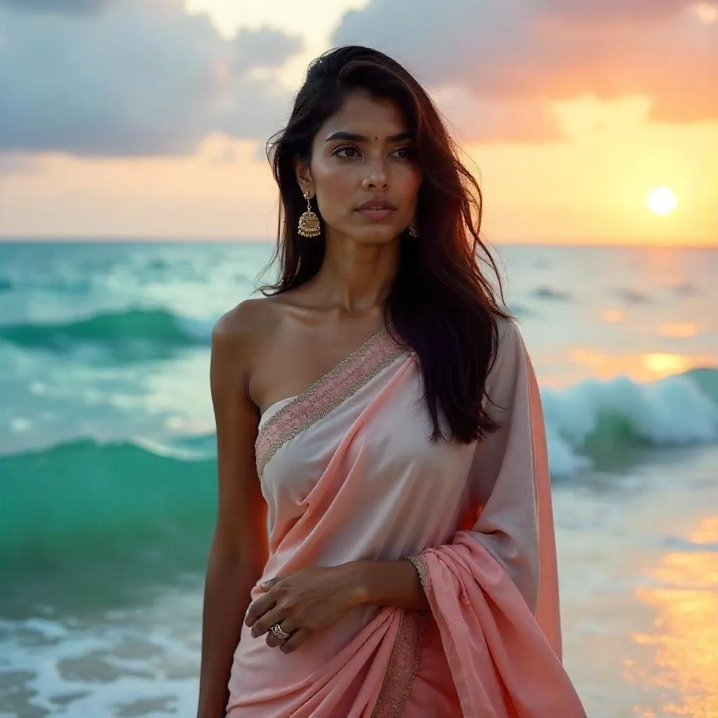 Radiant Indian Woman by the Ocean at Golden Hour