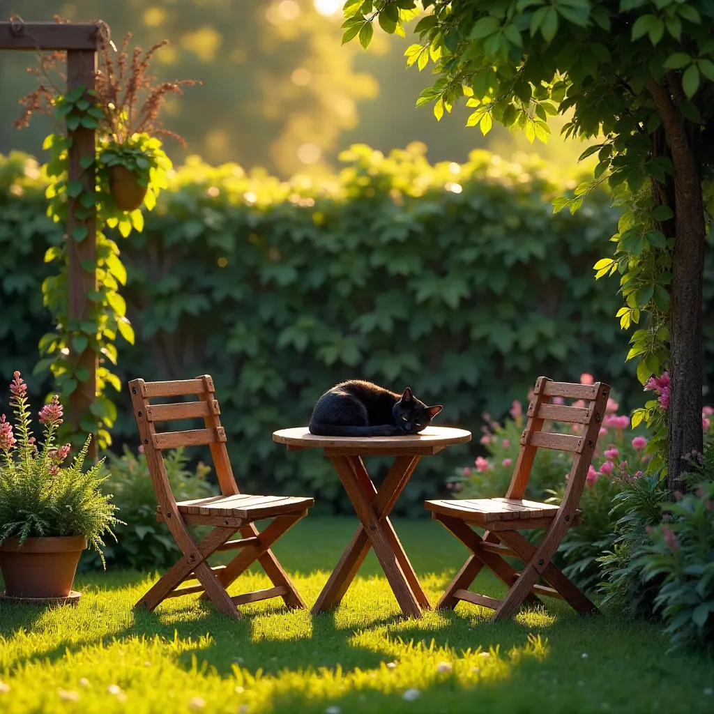 Cozy Backyard Oasis with Chairs and a Black Cat