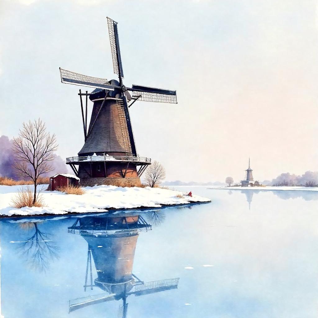 Watercolor Windmill on a Frozen Lake