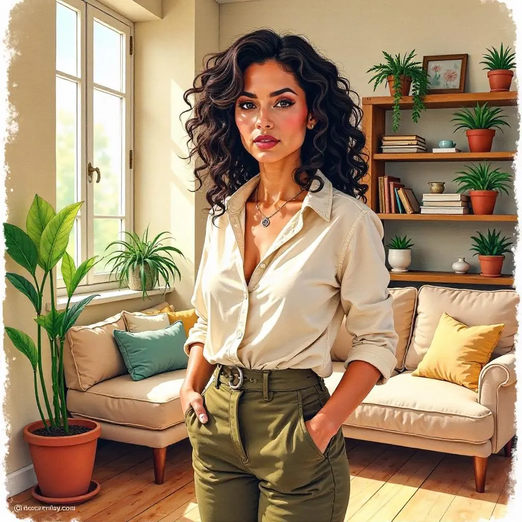 Confident Latina in a Watercolor Home Portrait
