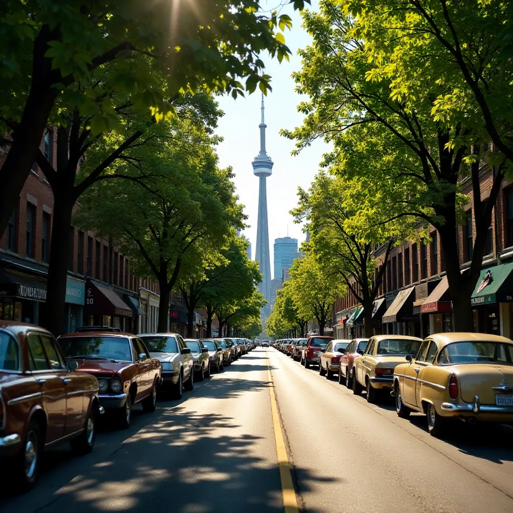 Sunny leafy Toronto street with CN Tower in view