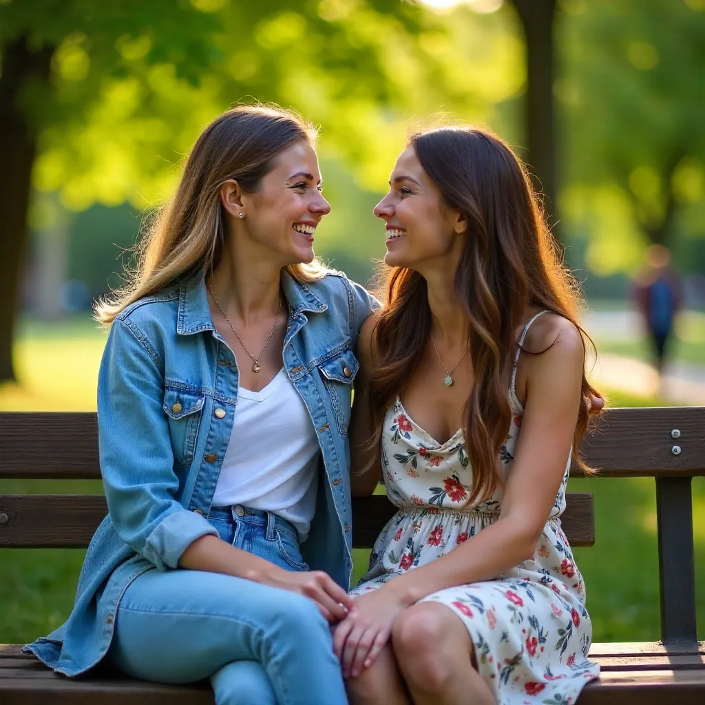 Two Friends Laughing on a Park Bench