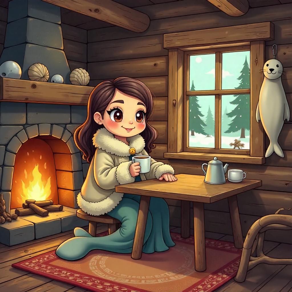 Selkie in a Cozy Log Cabin (Cartoon)