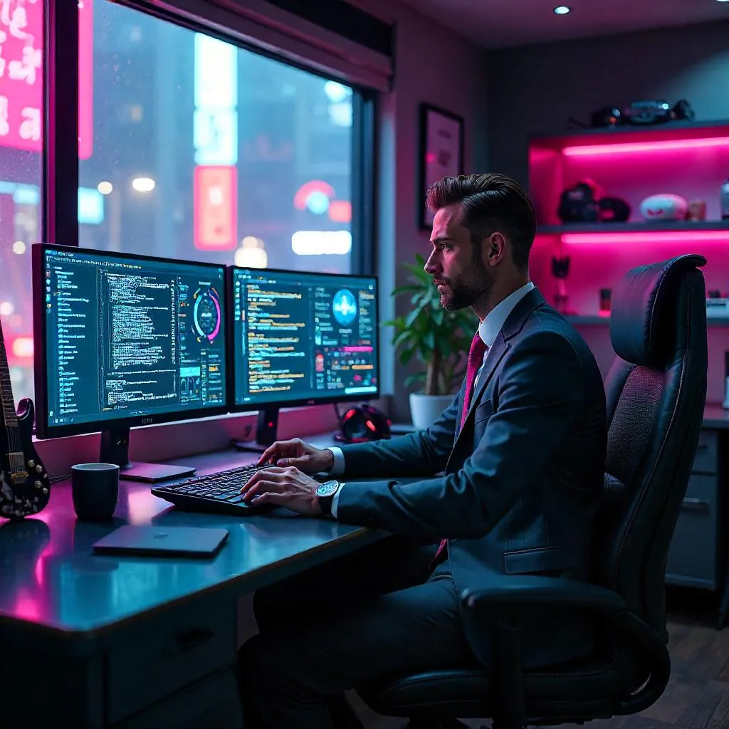 Dapper Professional in a Neon Cyberpunk Man Cave