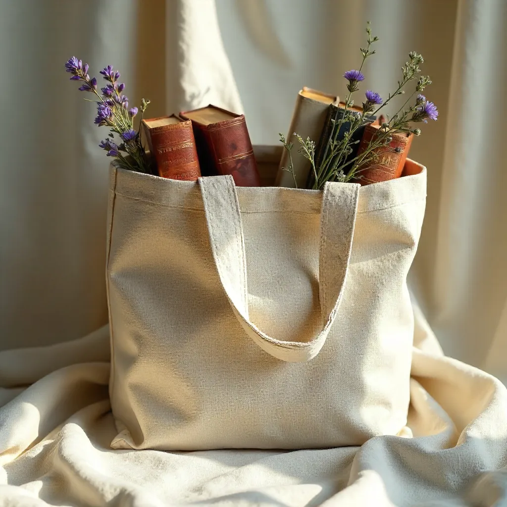 Beige Tote with Classic Books and Dried Flowers on Linen