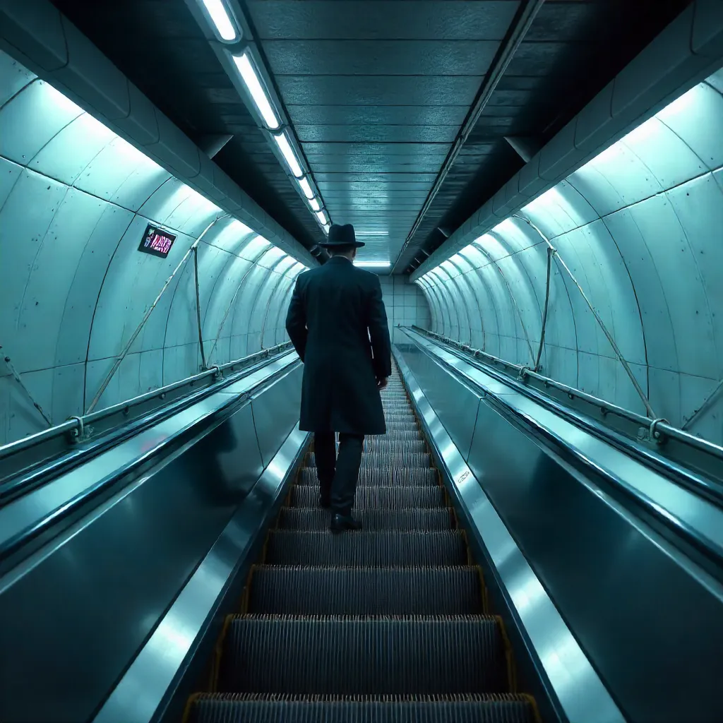 Man in a Hat Ascends a Geometric Subway Escalator