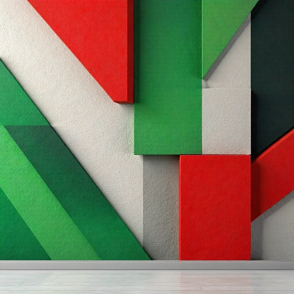 Vibrant Geometric Wall in Green, Red, and Gray