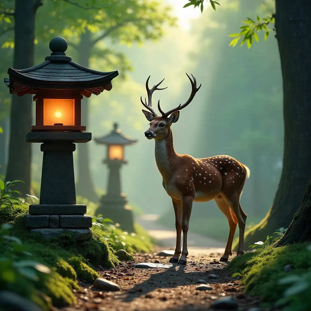 Sika deer beside ancient lanterns in tranquil forest