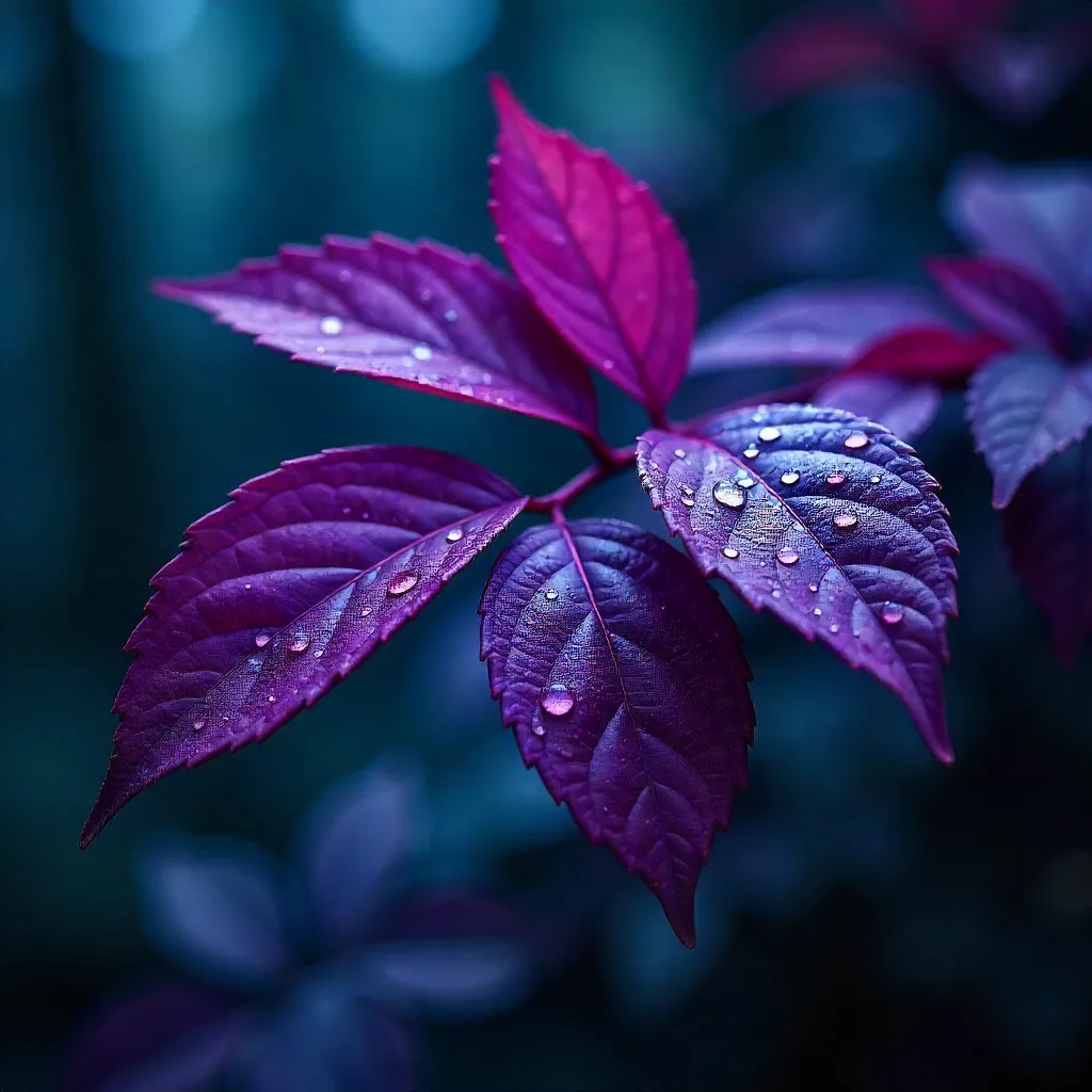 Dew-Covered Purple Leaves Macro Mystery
