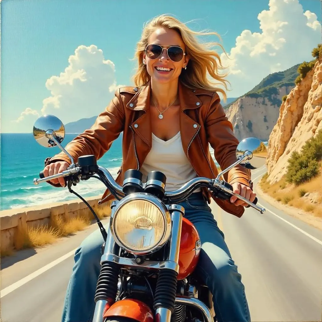 Cheerful White Woman on a Vintage Motorcycle