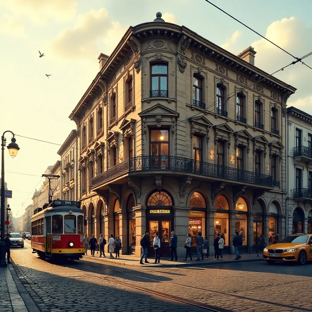 Historic Corner Building in Bustling Urban Scene
