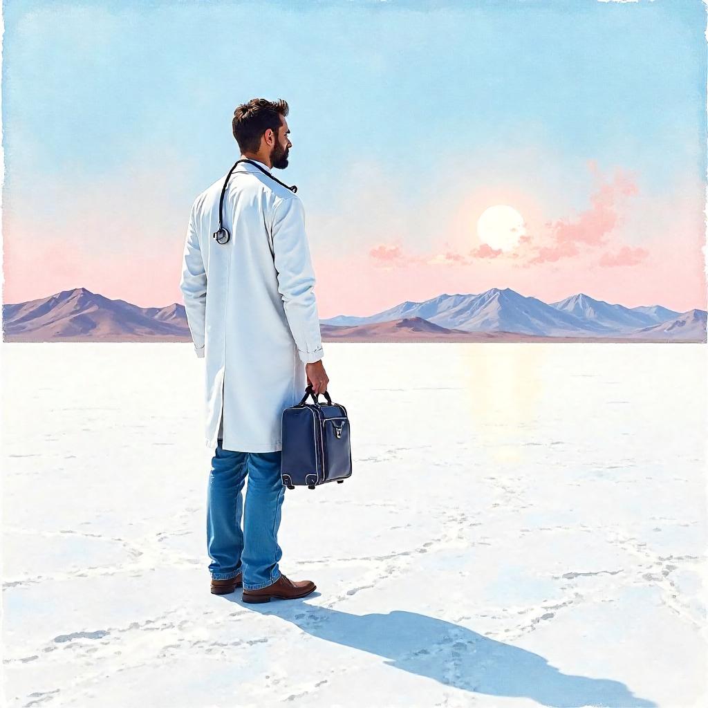 Watercolor Doctor in a Vast Salt Flat at Dusk