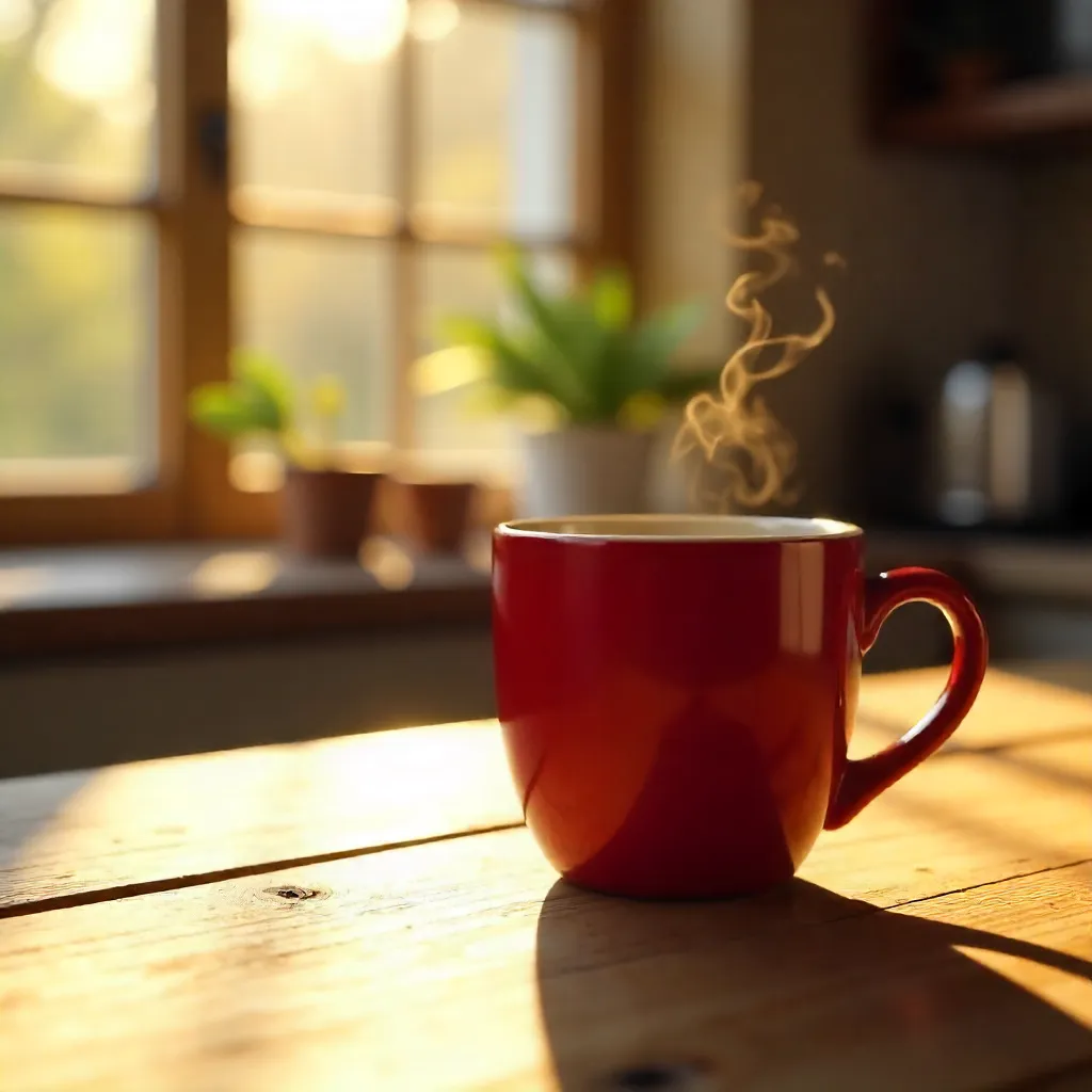 Sunlit Morning: Cozy Red Mug on a Table