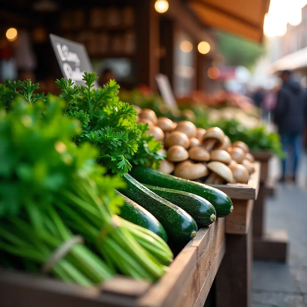 Fresh Market Display: Parsley, Zucchini, and Mushrooms