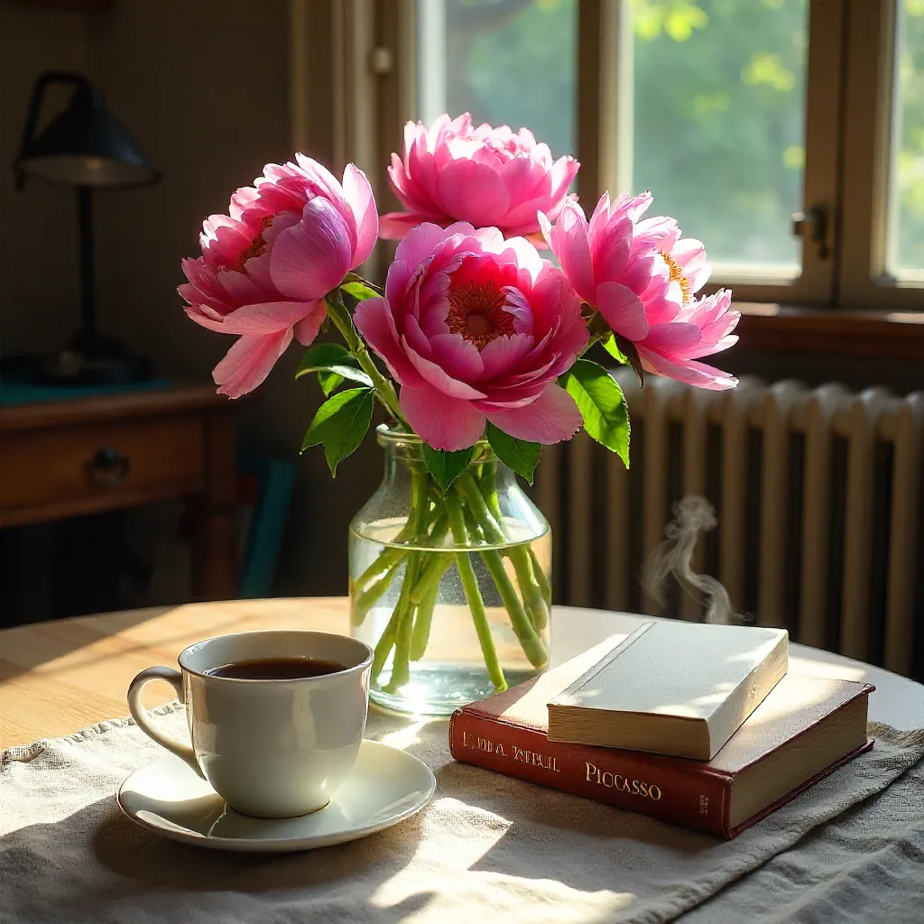 Degas-Picasso Fusion: Pink Flowers, Books, and Coffee